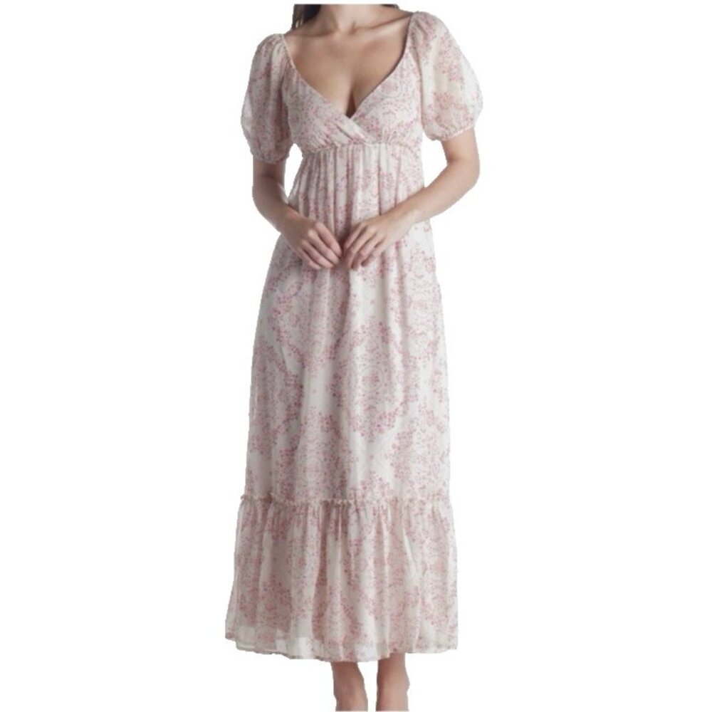 Spring & Mercer XS Blush Pink Chiffon Midi Prairie Dress Short Sleeve NEW